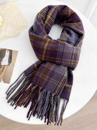 1 Pc Plaid Pattern Imitation Cashmere Scarf/Shawl, Color Blocking, Windproof And Warm, Suitable For Autumn And Winter