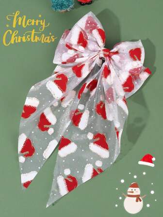 1 件圣诞发饰，适合女孩，圣诞帽印花蝴蝶结发夹，带尾巴，圣诞网状蝴蝶结鳄鱼夹，新年派对发夹，可爱发夹，礼物，青少年发饰