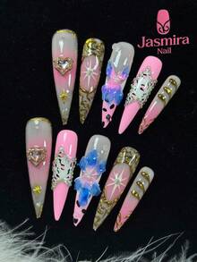 10Pcs Pure Handmade Press-On Nail Set, Extra-Long Stiletto False Nails, Pink Nails, Magic Mirror Powder Shaped French Tip, Hand-Carved Three-Dimensional Patterns, Flashing Ab Colored Diamonds With Five-Pointed Stars, Cute Pink Nails, Suitable For Women, Girls' Parties, Festivals, Birthday Gifts And Other Occasions, False Nails, Reusable Diy Nail Art Supplies.