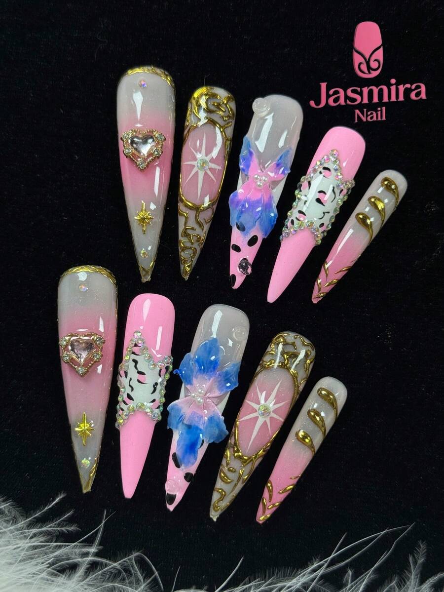 10Pcs Pure Handmade Press-On Nail Set, Extra-Long Stiletto False Nails, Pink Nails, Magic Mirror Powder Shaped French Tip, Hand-Carved Three-Dimensional Patterns, Flashing Ab Colored Diamonds With Five-Pointed Stars, Cute Pink Nails, Suitable For Women, Girls' Parties, Festivals, Birthday Gifts And Other Occasions, False Nails, Reusable Diy Nail Art Supplies.