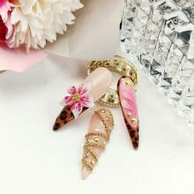 10pcs Pure Hand-Wom Nail,3D White Bow, Pink Floral Art, Gold Dots & Pearl Details | Nude Pink Chic Fake Nails For Women - Perfect For Parties, Dates, Daily Style & Special Occasions,Stiletto Press - On Nails With Leopard Print - 杏色 - 查看 10