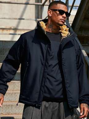 Veste matelassée à capuche en coton d'hiver pour hommes avec doublure thermique, couleur noire unie avec fermeture éclair, convient pour les vacances et le port quotidien