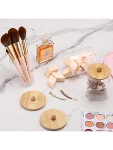 Pojemnik na patyczki kosmetyczne, słoik apteczny, uchwyt na kulki akrylowe, przezroczysty pojemnik łazienkowy z bambusową pokrywką, odpowiedni do wacików, 3 opakowania