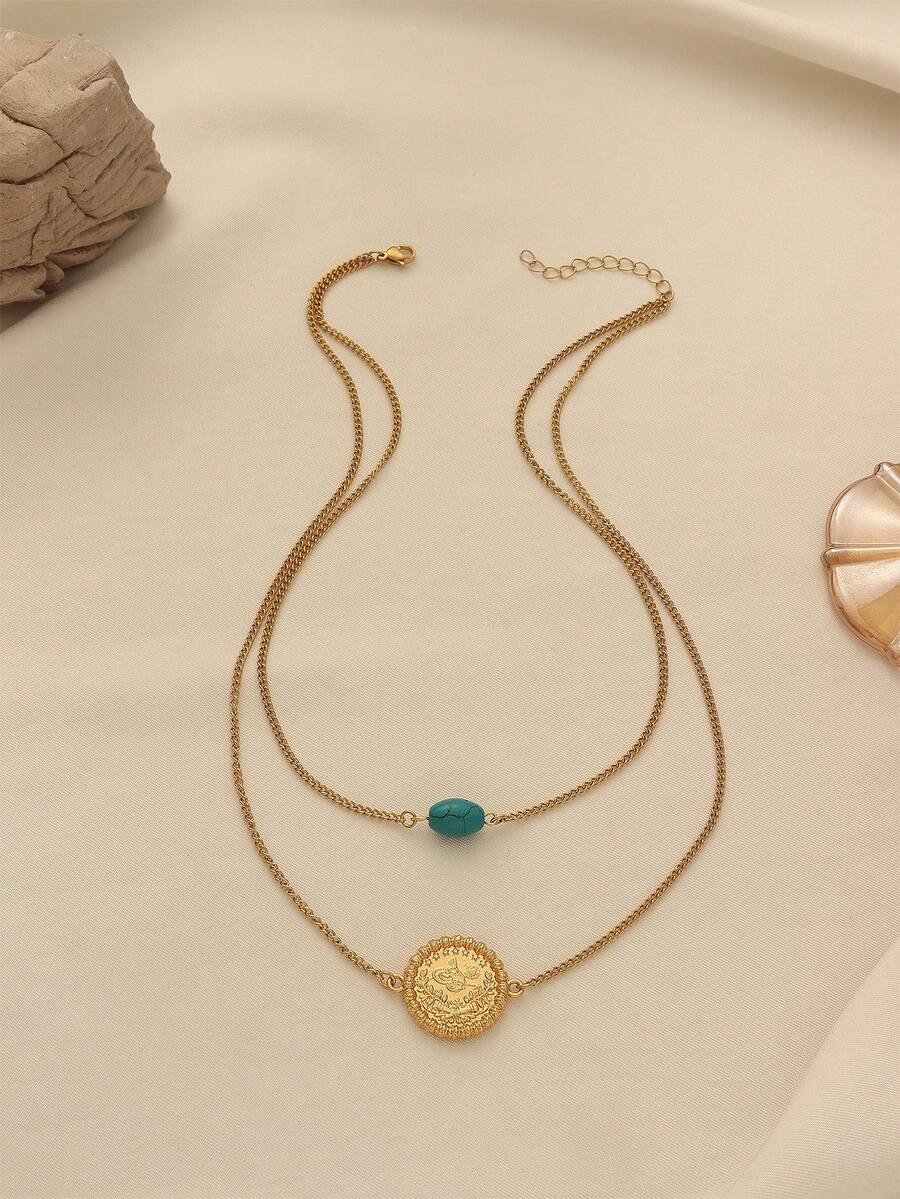 1pc Elegant Minimalist Stainless Steel & Copper Alloy Gold-Plated Coin Bead Pendant Necklace, Suitable For Women's Daily Wear And Holiday Gifts, Excluding Gift Box Shown In The Image - Yellow Gold - View 1