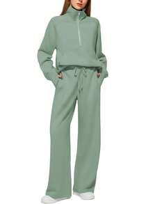 Women 2 Piece Outfits Sweatsuit Set 2025 Activewear Workout Fall Oversized Half Zip Sweatshirt Sweatpant Lounge Set Tracksuits - 綠色 - 查看 1