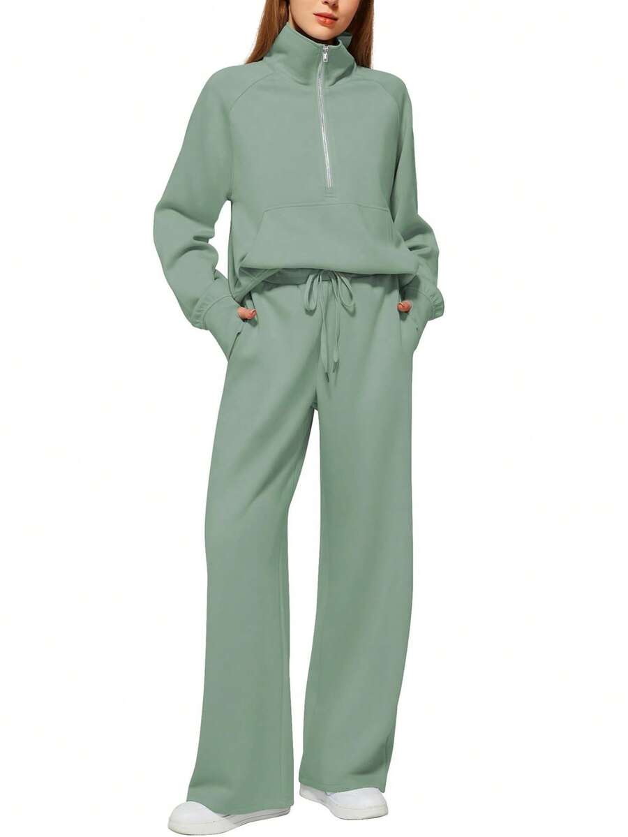 Women 2 Piece Outfits Sweatsuit Set 2025 Activewear Workout Fall Oversized Half Zip Sweatshirt Sweatpant Lounge Set Tracksuits - 綠色 - 查看 1