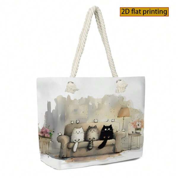 Borsa a tracolla da donna - Borsa a tracolla con stampa gatto carina, borsa a spalla, borsa in tessuto - Scena del salotto confortevole con gatti e dettagli floreali - Regalo perfetto per amanti dei gatti, donne, sorelle, ragazze e nipoti - Organizer da viaggio per Natale, Ringraziamento, Ognissanti e compleanno - Materiale in poliestere, inodore, con scomparti | Design unico a tema gatto | Borsa cosmetica in poliestere, accessori per gatti