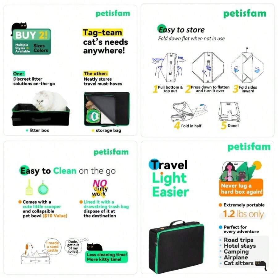 Caja de para gatos con 1 plegable y 1 cuchara. Porttil, ligero, a prueba de fugas, fcil de sotrage para gatos medianos y gatitos, negro - Mediano + Verde - Ver 1