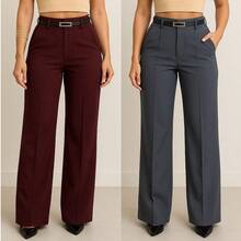 Kit Of 2 Women's Tailored Wide Leg Pants With Belt - 灰色/酒紅色 - 查看 2