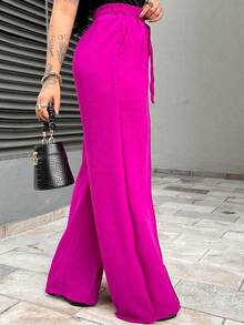 Women's High Waist Wide Leg Pants With Pockets - Rose Red - View 2