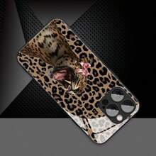 1pc Leopard Bow & Leopard Pattern Glass Material Phone Case, High-End & Elegant, Compatible With Iphone, Tempered Glass Material - Black - View 4