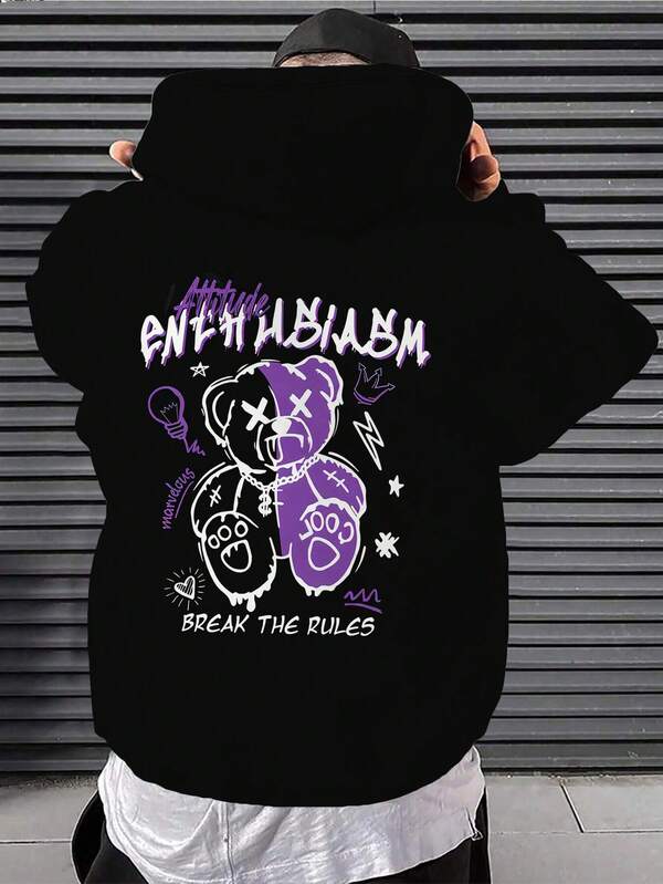 Sudadera con capucha de forro polar con cordón, estampado de oso de peluche de bloques de color, para hombre