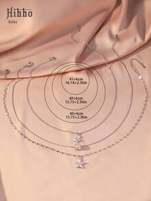 Hihho 3pcs/Set Fashionable Minimalist Flower, Butterfly, Waist Decor Multi-Layer Necklace Set, Suitable For Dates, Parties, Vacations, Daily Wear, Holiday Gifts, Christmas Presents - Silver - View 4
