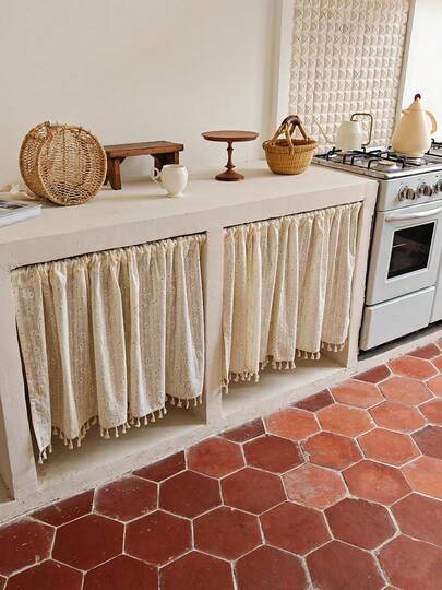 1pc Cotton Floral Pattern Kitchen Short Curtain/Cafe Curtain, Without Curtain Rod, Vintage Farmhouse Romantic Daisy Pattern Semi-Sheer Tassel Curtain, Rod Pocket Classic Cafe Farmhouse Kitchen Half Window Curtain, Suitable For Home And Commercial Use, Can Be Used For Kitchen And Window Decor, Vintage Curtain Matching, And Christmas Window Decoration