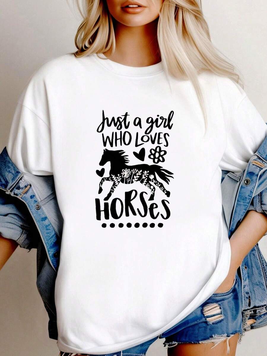 180g pure Cotton Just a Girl Who Loves Horses Shirt, Girls Horse Shirt, Horse Lover Gift, Floral Horse Shirt, Equestrian Shirt, Horse Gift For Wo Women Top Graphic Tees Summer T-Shirt For Women Casual Versatile streetwear graphic female Stretched Slightly - Blanco - Ver 1