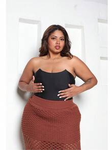 Plus Size Midi Skirt With Openwork Fabric In Modal Knit, Elegant, Casual - Brown - View 4