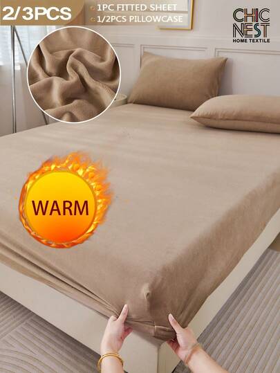 2/3pcs Coffee Brown Velvet Fitted Sheet Set Warm Soft Solid Fuzzy Fitted Sheet Bedspread Set King Queen Full Twin Size, Luxury Super Soft Cozy Comfy Bottom Sheet With 11.8" Deep Pocket,Suitable For Fall Winter And Spring 1Fitted Sheet+1/2Pcs Pillowcases