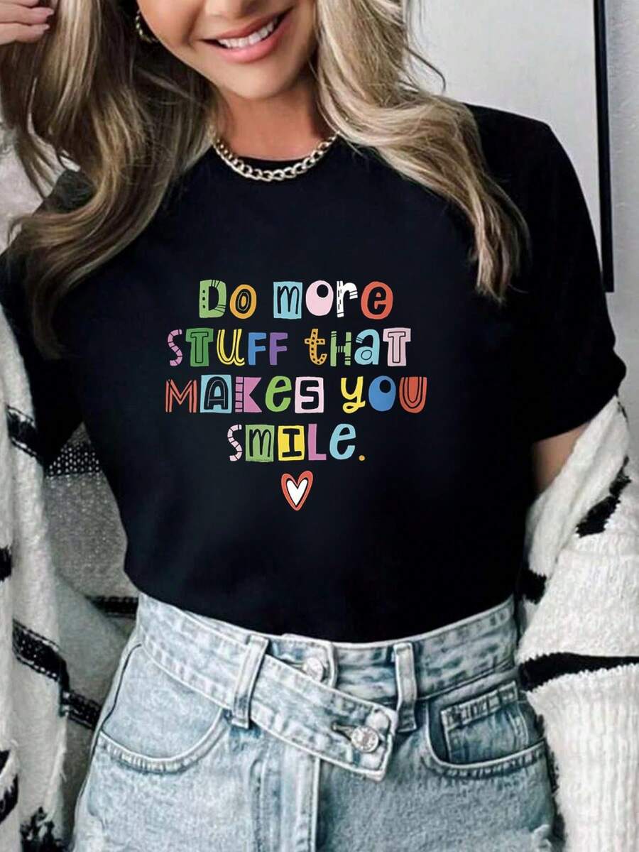 100% Cotton Womens Happy Cute And Colorful Positive Message O-Neck T-Shirt Summer Women For Top - 黑色 - 查看 1