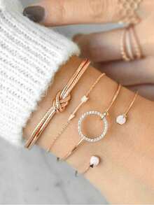 4pcs Minimalist Elegant Luxury Personalized Knotted, Circular, Rhinestone, Arrow Multi-Element Bracelet Set, Suitable For Women's Daily Wear (Avoid Contact With Water)