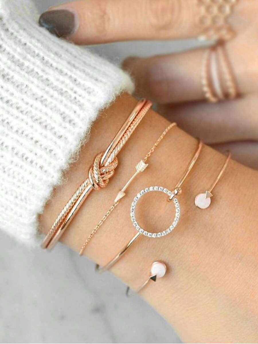 4pcs Minimalist Elegant Luxury Personalized Knotted, Circular, Rhinestone, Arrow Multi-Element Bracelet Set, Suitable For Women's Daily Wear (Avoid Contact With Water)