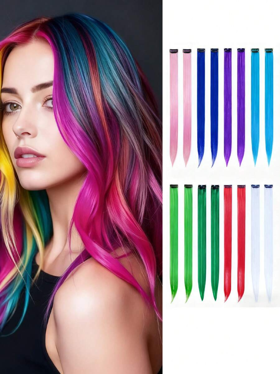 16 piezas de extensiones de cabello de colores con clip - Mechones sintéticos de arcoíris de 22 pulgadas con 8 colores para niños y niñas, regalo de fiesta de cumpleaños - Multicolor - Ver 1