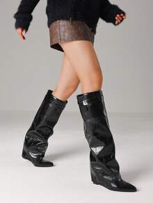 Fashion Women Knee High Boots Metal Pointed Toe Chunky Heels Fold Over Luxury Punk Goth Design Cool Women Fold Over Shoes - Blackstone - 查看 2