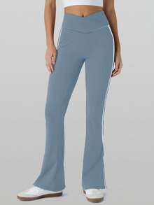 RUNONWHEELS 5 Leggings a vita alta a zampa d'elefante per fitness e sport quotidiani, pantaloni attillati da yoga a vita alta che modellano il lato B, pantaloni attillati a vita alta con incrocio sulla parte anteriore per la primavera - celeste - Visualizzare 5