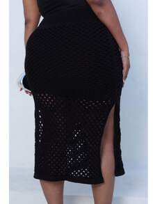 Plus Size Midi Skirt With Openwork Fabric In Modal Knit, Elegant, Casual - Black - View 5
