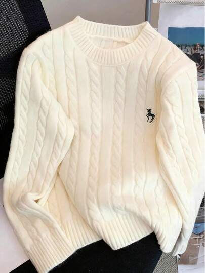 เสื้อสเวตเตอร์ถักคอกลมปักลายลำลองสำหรับฤดูใบไม้ร่วง/ฤดูหนาวสำหรับผู้หญิง, เสื้อคาร์ดิแกนถักแบบหลวมใหม่