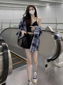 韩版格子宽松轻薄休闲防晒女式衬衫，百搭又充满活力，适合春季穿着。 - 淺藍色 - 查看 4