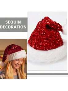 1 Stück Weihnachts-Paillettenkappe des Weihnachtsmanns - Doppellagige glitzernde Polyestermütze mit Plüschverzierung, Weihnachtsmütze, mit rotem Stoff und weißer Fellverzierung, geeignet als Weihnachtsparty-Accessoire und Feiertags-Dekoration, besonders für Zusammenkünfte und Neujahrsfeiern, nicht elastisch, nur von Hand waschbar, gestrickt, ohne Federn, geeignet als Erwachsenen-Feiertags-Kopfbedeckung