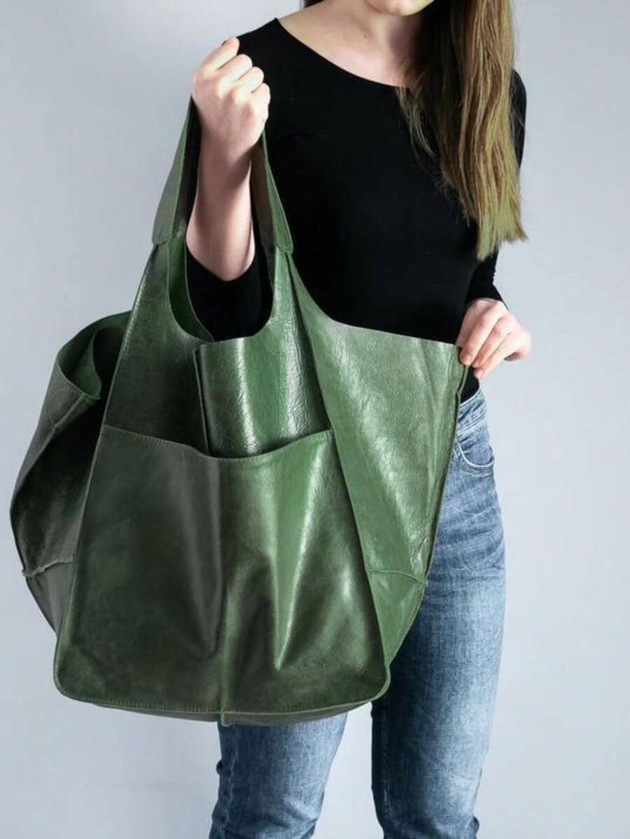 新款秋冬时尚超大容量托特包女小众单肩手提复古复古大包简约休闲风通勤旅行购物袋休闲旅行行李包外出腋下包百搭多色 - 綠色 - 查看 1