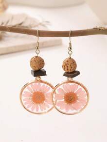 1 Paar einzigartige natürliche Pflanzen-Frucht-Harz rosa Chrysanthemen Ohrringe, naturalistischer Stil geeignet für Party, Reise und täglichen Gebrauch