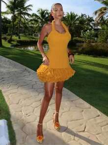 Elegant Tassel Knitted Mini Dress For Women Sexy Spaghetti Straped Slim Party Dress Lady Backless Christmas Evening Dress 2024 - 黃色 - 查看 3