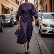Women Elegant Party Dress O Neck Solid Bat Sleeve A-Line Long Dress Women Spring Summer High Waist Lady Office Dress - 紫色 - 查看 8