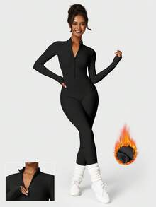 VOYJOY Women Fleece Long Sleeve Zipper Jumpsuit Zip Up Romper Bottom Pants Bodysuit Bodycon Sexy One Piece Winter Skiwear  Winter Clothes Winter Clothes Winter Clothes For Women Gym Clothes Women - 黑色 - 查看 1