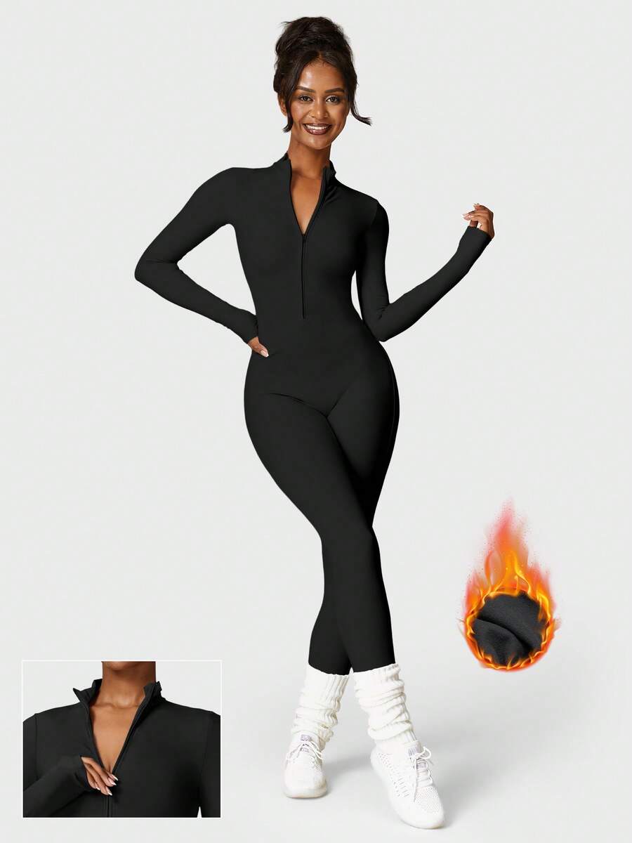 VOYJOY Women Fleece Long Sleeve Zipper Jumpsuit Zip Up Romper Bottom Pants Bodysuit Bodycon Sexy One Piece Winter Skiwear Winter Clothes Winter Clothes Winter Clothes For Women Gym Clothes Women - 黑色 - 查看 1