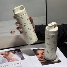 1 garrafa de água isolada a vácuo de aço inoxidável de 550 ml/18,6 oz, com tampa flip à prova de vazamentos, caneca de viagem com padrão de laço e tulipa - adequada para academia, atividades ao ar livre, uso no carro, lavagem à mão, reutilizável, presente para mulheres e meninas, padrão divertido, garrafa de água esportiva