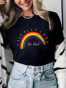 100% Cotton Womens Kindness Rainbow Positive Message - Be Kind O-Neck T-Shirt Summer Women For Top - 黑色 - 查看 1