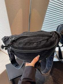 女士时尚水洗牛仔斜挎胸包，简约基本款大容量邮差包，休闲运动便携多口袋腰包 - 黑色 - 查看 8