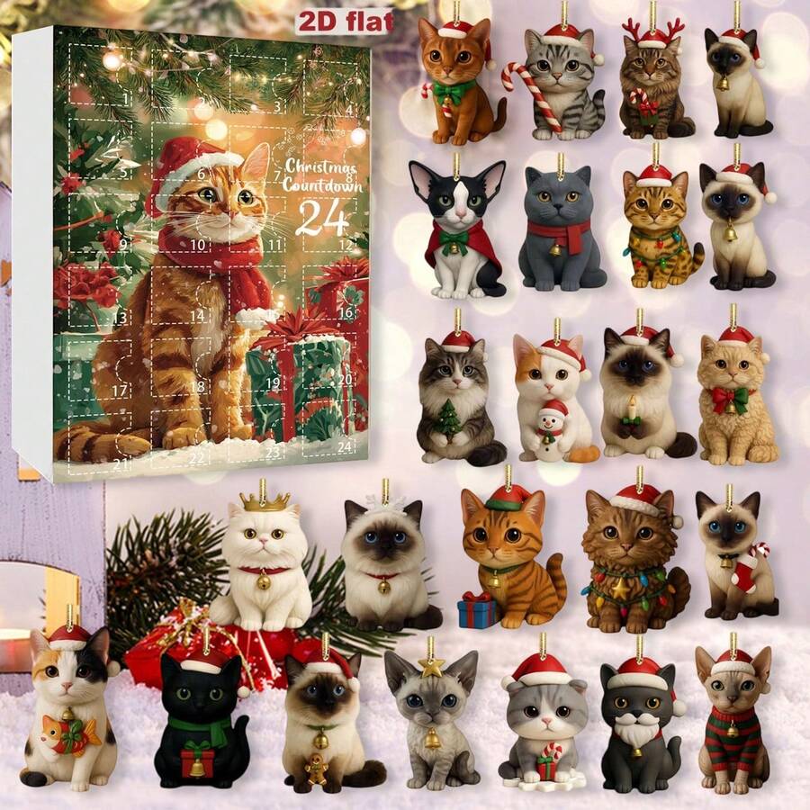 Party Packs Christmas Calendar 24 Day Christmas Cat Themed Countdown Calendar Keychain Acrylic 2D Pendants - Transparent - View 1