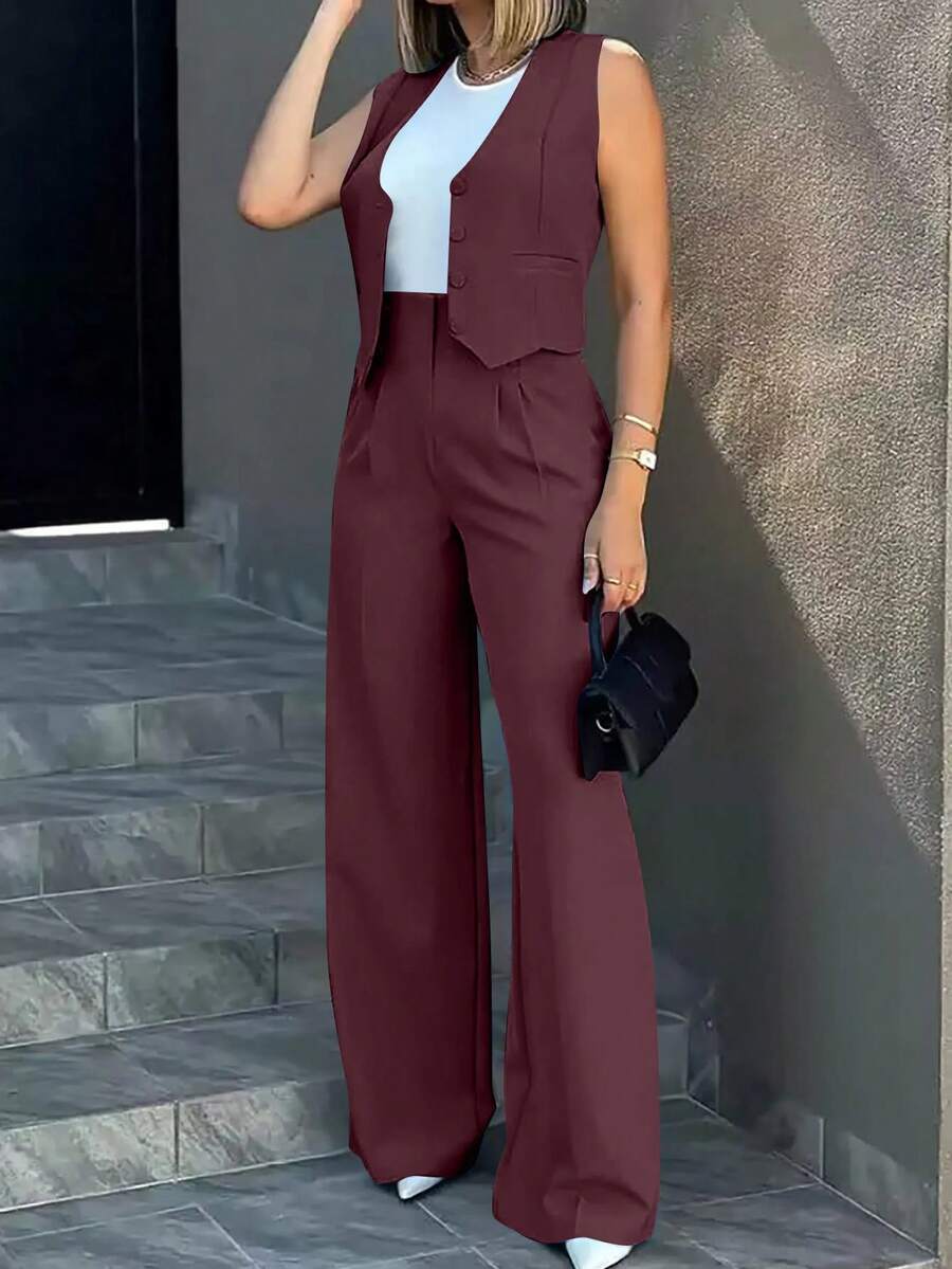 Trousers Suit Women's Vest Trousers Suit Elegant Loose Regular Work Suit High Waist Wide-Leg Trousers 2-Piece Street Suit - 酒紅色 - 查看 1