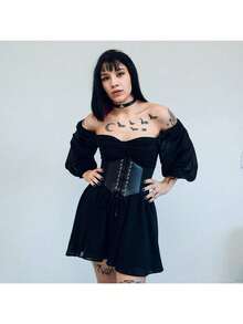 Black Shaping Belt Women's Corset With Adjustable Lace-Up Synthetic Leather - 黑色 - 查看 2