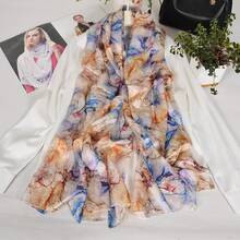 100% Mulberry Silk Scarf For Women Lightweight Long Scarves Beach Wraps Cover Up -Travel Photography Scarfhalloween - 藍色卡其色 - 查看 4