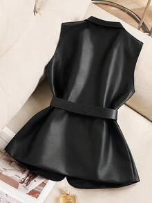 女式黑色无袖夹克背心 - 优雅正式休闲夹克上衣/背心/皮夹克，配有口袋，适合办公室、派对、日常穿着，都市时尚，现代美学，光泽饰面，职业女性必备 - 黑色 - 查看 2