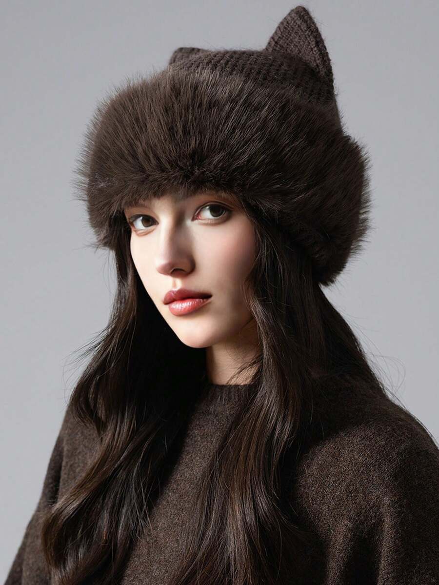 1 件女士针织帽，带有蓬松的猫耳动物图案，温暖的耳朵保护，俏皮的针织猫耳设计，与配套的毛衣完美搭配，营造出舒适和治愈的秋冬氛围，温暖而时尚，适合日常穿着、主题公园、咖啡馆、拍照 - 多色 - 查看 1