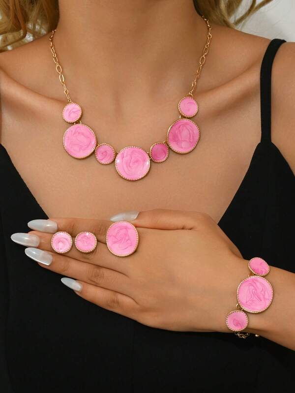 3pcs Set Fashionable, Elegant, Creative Geometric Circular Oil Drop Earrings For Women, Necklaces, Bracelets, Rings, Rose Red, Black Jewelry Sets (Multiple Choices)