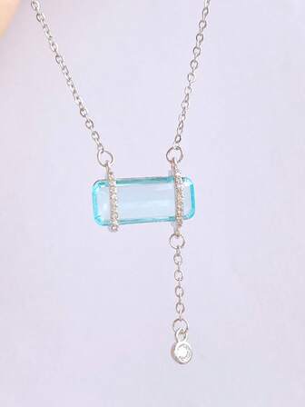 1pc Copper Material Aquamarine Necklace, Everyday Wear & Gift For Her