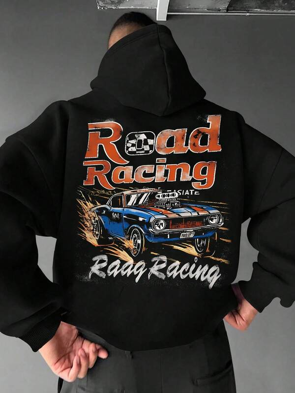 1pc Men's Vintage American Racing #Motocore Print Hoodie Sweatshirt, Casual Loose Fit High Street Streetwear, Autumn/Winter