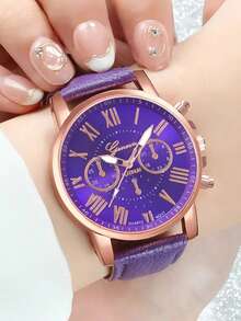 6pcs/Set Colorful Dopamine Element Cartoon Quartz Watches With PU Leather Strap, Round Dial And Heart-Shaped Bracelet Jewelry, Suitable For Parties, Daily Wear, Birthday Gift For Him